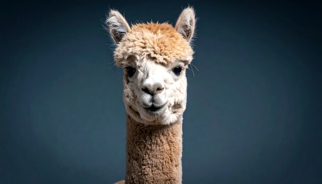 Close-up Portrait of a Curious Alpaca Against a Dark Background.