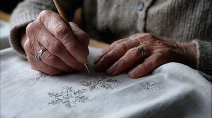 Elderly craftsperson embroidering delicate silver snowflake designs on linen fabric
