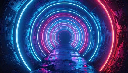 Illuminated tunnel showcases a futuristic neon lighting design, displaying vibrant blue and pink circles guiding the viewer's eye toward a vanishing point, creating an alluring and modern...