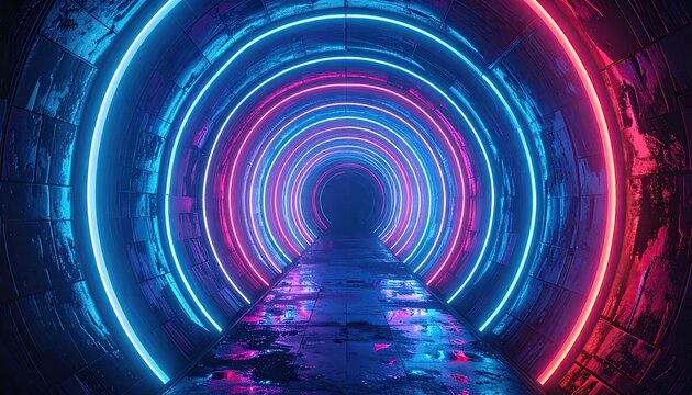 Illuminated tunnel showcases a futuristic neon lighting design, displaying vibrant blue and pink circles guiding the viewer's eye toward a vanishing point, creating an alluring and modern...