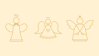 Christmas angel line art icons, minimalist holiday vector illustration, editable stroke design.