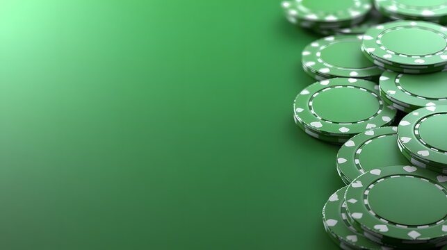 Green poker chips scattered on a casino table during a lively game night in Las Vegas