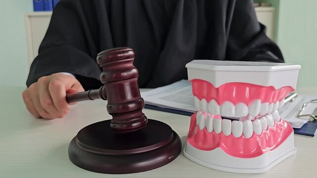 Judge discusses dental malpractice case with oral model and gavel in courtroom setting