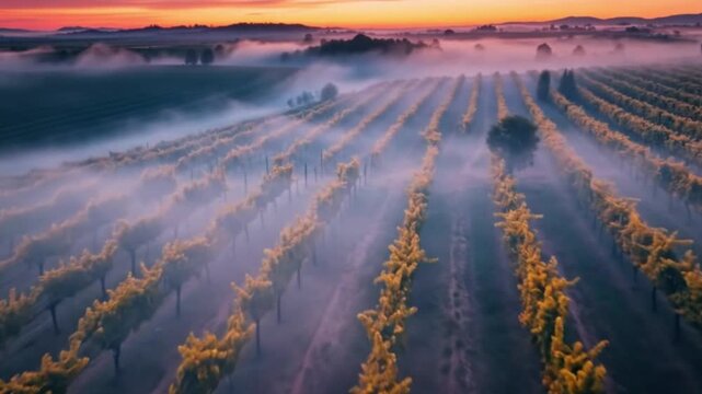 Mist-covered agricultural field with parallel rows of leafy plants at dawn