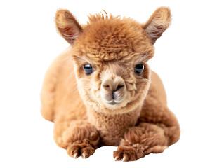 Obraz premium PNG file Adorable Alpaca: A fluffy alpaca with soft, warm fur lies down looking straight at the camera. Expressing a sense of calmness. on transparent background PNG