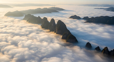 Aerial Tranquil Mountain Range Emerging from Sea of Clouds Landscape