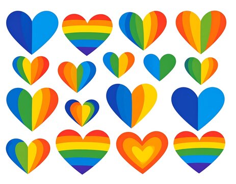Collection of colorful, stylized heart shapes arranged against white background