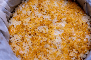 Traditional Slovak baked sauerkraut and rice casserole without meat. Vegetarian version of “Koložvárska kapusta”, homemade and oven baked comfort food from Central Europe.