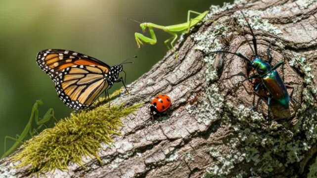 Insects are assembled on a tree trunk including a butterfly ladybug mantis  beetle