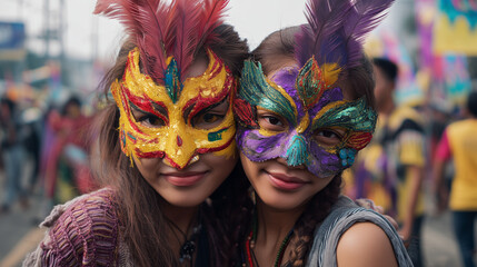 Vibrant masks and joyous expressions capture the spirit of the Binalbal Festival, Philippines, showcasing cultural celebration and community engagement with festive energy and traditional artistry