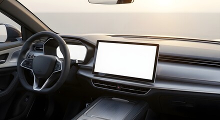 Modern car cockpit showcasing steering wheel and a prominent blank digital infotainment touchscreen display.