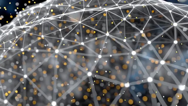 Rotating white plexus sphere with glowing particles forming complex network, representing digital interconnectivity against dark background