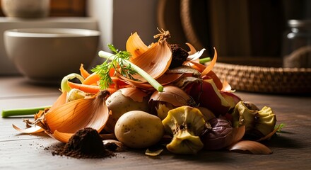 Organic kitchen food scraps for composting, including onion skins, potato peels, apple core, and carrot tops.