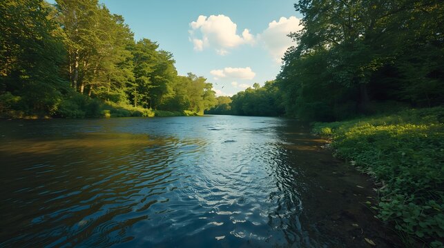Lush green forest surrounds a tranquil river under a clear blue sky with fluffy white clouds on a sunny day