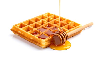 Close-up of a square waffle with honey being drizzled from a wooden honey dipper onto its surface, against a white backdrop