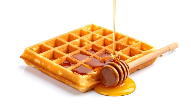 Close-up of a square waffle with honey being drizzled from a wooden honey dipper onto its surface, against a white backdrop