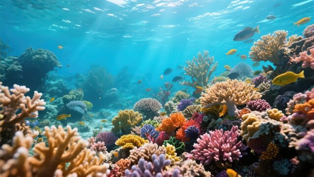Colorful corals bloom in clear seawater, presenting the gorgeous and vibrant beauty of the underwater ecological landscape.