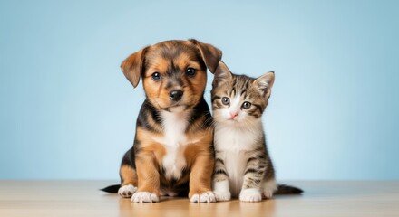 Adorable puppy and kitten sitting together on a wooden surface against a light blue background, concept for veterinary clinic promotion, pet adoption campaign and animal healthcare advertising