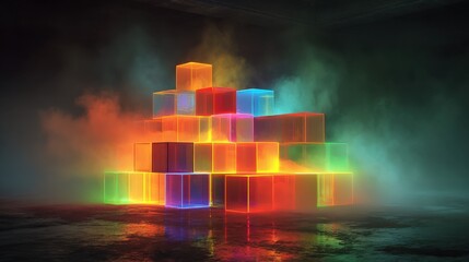 bright digital abstraction in the form of a threedimensional neon block