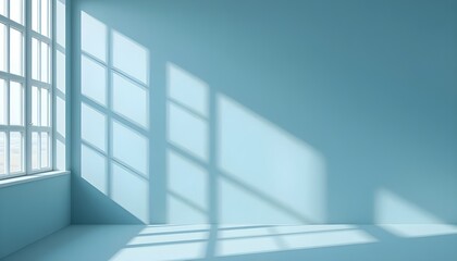 "Minimal Abstract Light Blue Background with Window Shadows on Plaster Wall for Product Presentation Display