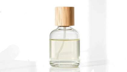 transparent diffuser bottle with bamboo cap, clear essential oil inside, minimal spa aesthetic, soft reflection, isolated transparent background.
