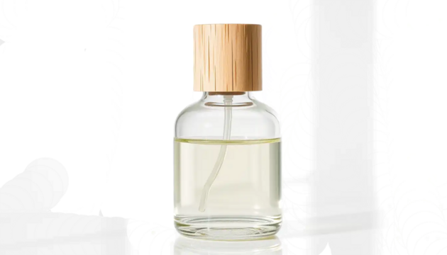 transparent diffuser bottle with bamboo cap, clear essential oil inside, minimal spa aesthetic, soft reflection, isolated transparent background.
- Powered by Adobe