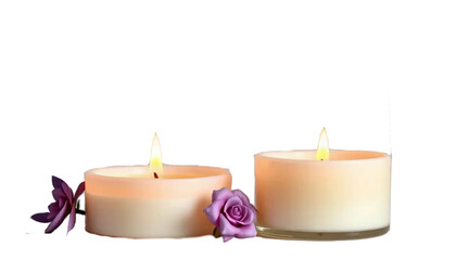 two scented candles with soft flames, placed side by side, warm cozy glow, luxury spa mood, isolated on transparent background.
