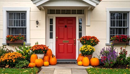 Autumnal Front Porch Decor with Pumpkins and Mums.