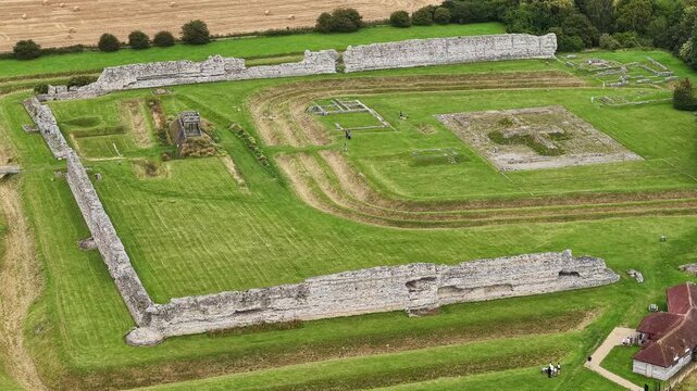 Aerial drone view of Richborough Roman fort and its defensive ditches in Kent, England