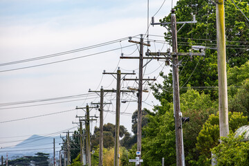 Power poles and overhead electrical wires lining a residential street in Camperdown, Victoria, Australia. Infrastructure and energy supply in a quiet Australian regional town. © Doublelee