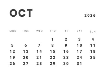 Monthly page Calendar Planner Template design of October 2026. Vector layout of calendar with week start Monday for Scheduling. Page for size A4 or 21x29.7 cm