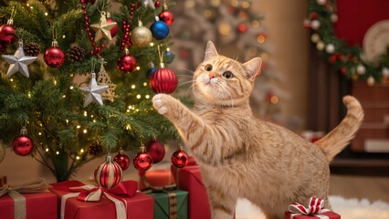 Curious orange tabby engaging with christmas tree ornaments in cozy living room festive atmosphere