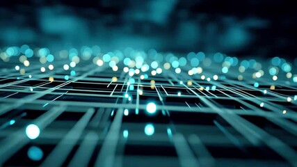 Digital network grid revealing interconnected glowing nodes, visualizing dynamic data flow patterns symbolizing technological advancement in complex big data processing - Powered by Adobe