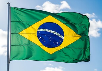 Brazilian national symbol with the bright colors of green, yellow, and blue, flying high on a sunny day