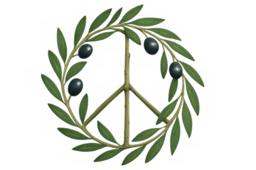 Olive branches forming a peace sign, symbolizing global harmony, anti-war, hope, and nature, with a transparent background