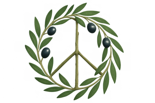 Olive branches forming a peace sign, symbolizing global harmony, anti-war, hope, and nature, with a transparent background