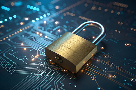 Golden padlock securing digital circuit board with glowing blue lights