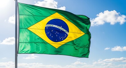Symbol of Brazil, the green and gold flag with its constellation of stars is shown moving in the wind