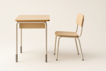 Fototapeta premium Minimalist school desk and chair side elevation perfectly aligned showing thin profile edges and adjustable leg sleeves