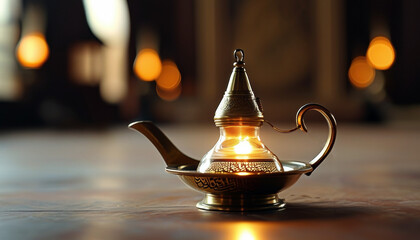 Antique metal lamp illuminated for mawlid an nabi celebration with copy space