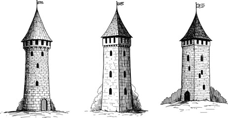 Medieval tower silhouette, stone castle icon, conical roof drawing, flag vector, architecture element, fortress scene, cad drawing flat vector illustration