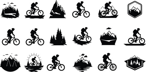 Mountain biking silhouettes, outdoor cycling vector, nature adventure icons, forest trail badge, extreme sport design, cad drawing flat vector illustration