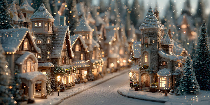 The Christmas tree village is a charming little town with trees lining the streets and lights strung up everywhere. The air is cold and crisp, and snowflakes are falling gently from the sky. There's a
