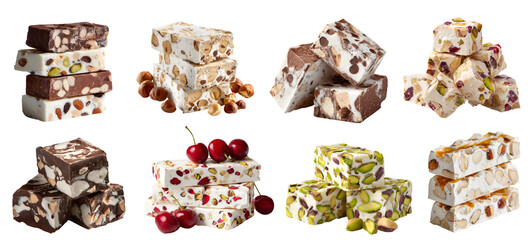 Set of Nougat, sweet confection paste chewy hard candy, nuts fruit flavour, pile stack broken cube bar, transparent cutout PNG. Many different flavor. Mockup template design.