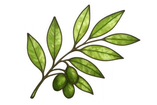 Olive branch with green leaves and raw olives. Symbolizing peace, victory, and health. Transparent background