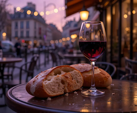 Romantic Evening at a Parisian Cafe with Wine and Bread