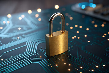 Digital security padlock secures glowing circuit board data network connection