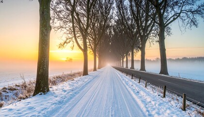 Winter road at sunrise with snow and trees.