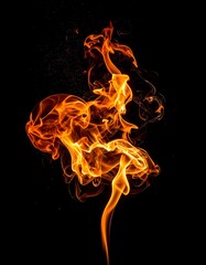 Fiery abstract shape, golden-orange against stark black background. Wisps of smoke and embers hint at the flames' dynamic dance