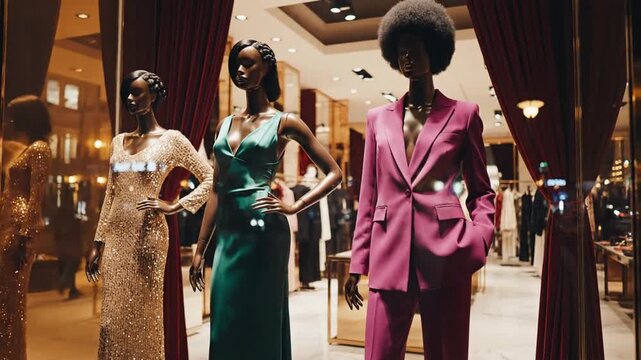 Fashion boutique storefront with mannequins showcasing elegant dresses, emphasizing contemporary apparel, visual merchandising, and eye-catching retail design for clothing displays

